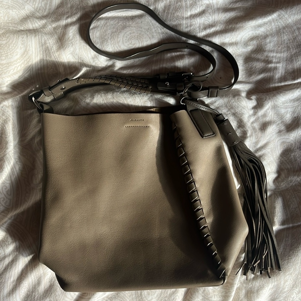 Allsaints beige taupe crossbody bucket leather bag